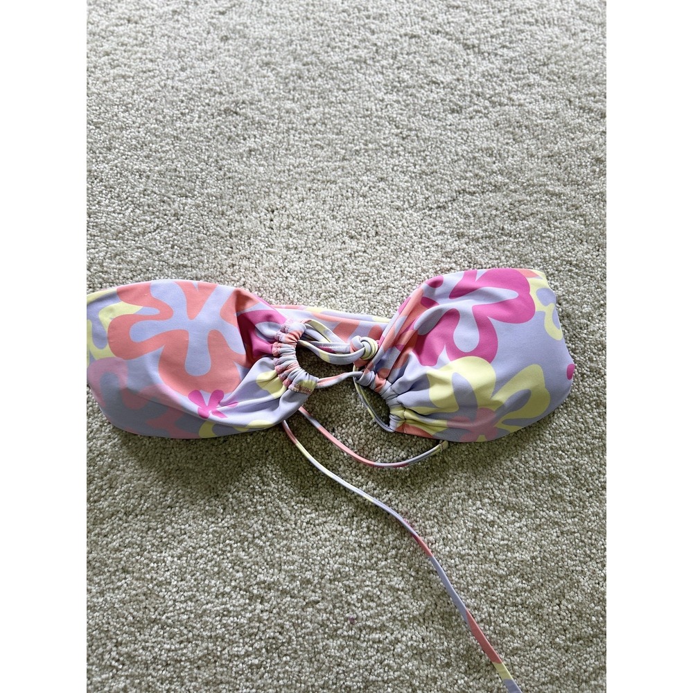 Bikini Top Womens Medium Pastel Floral Bandeau Ring Tie Back Strapless Swimwear